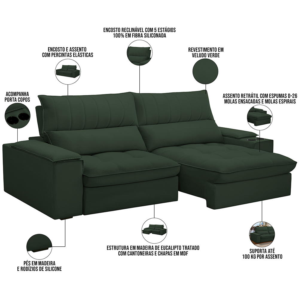 Sofá Retrátil Reclinável Para Sala de Estar Living 250cm Nápoles F04 Veludo Verde - Lyam Decor