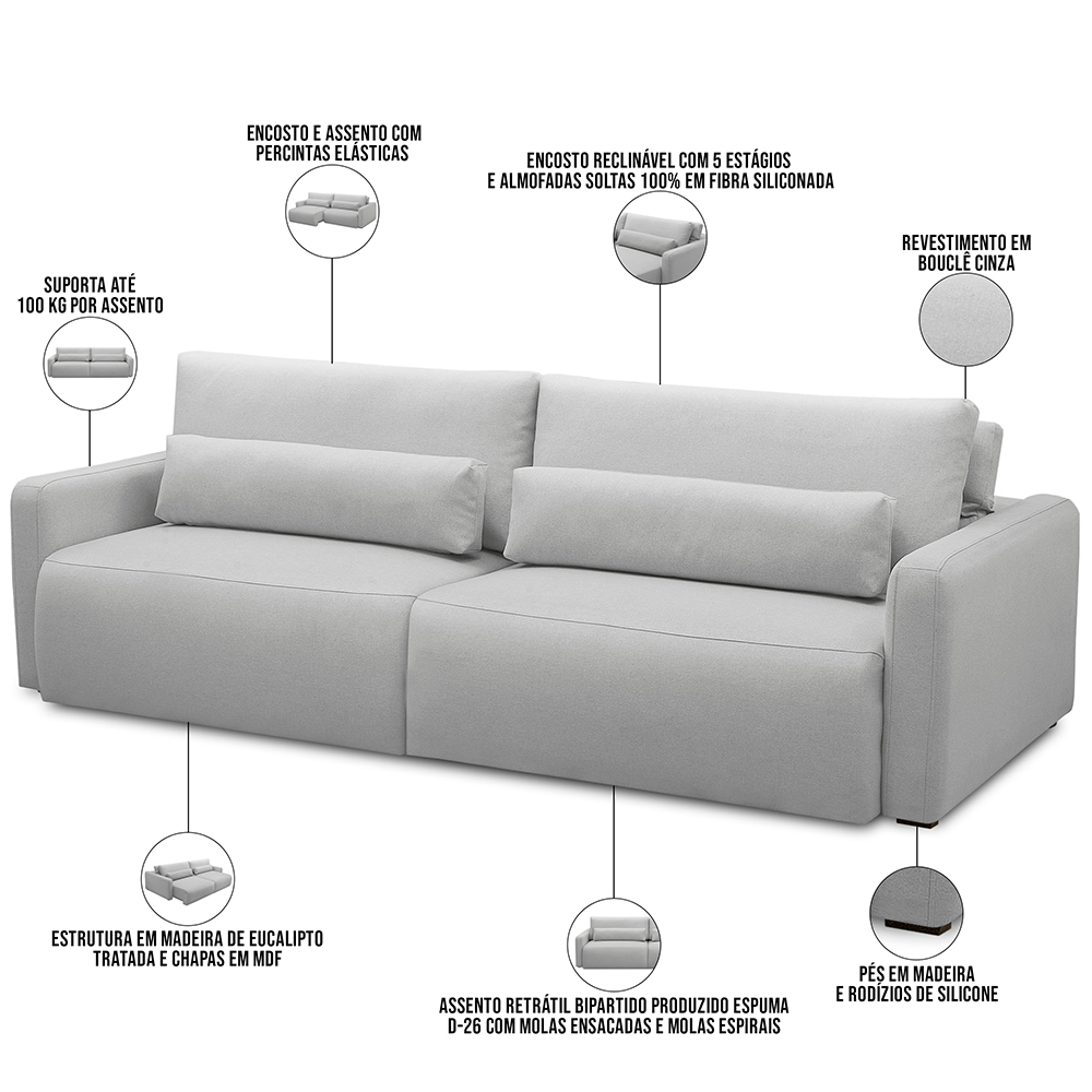 Sofá Retrátil Reclinável Para Sala de Estar Living 270cm Sevilha F04 Bouclê Cinza - Lyam Decor