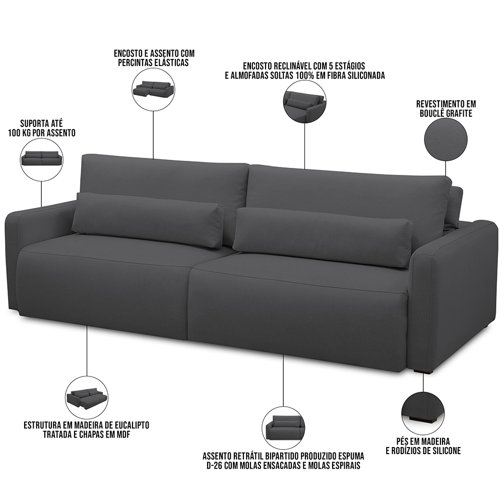 Sofá Retrátil Reclinável Para Sala de Estar Living 270cm Sevilha F04 Bouclê Grafite - Lyam Decor