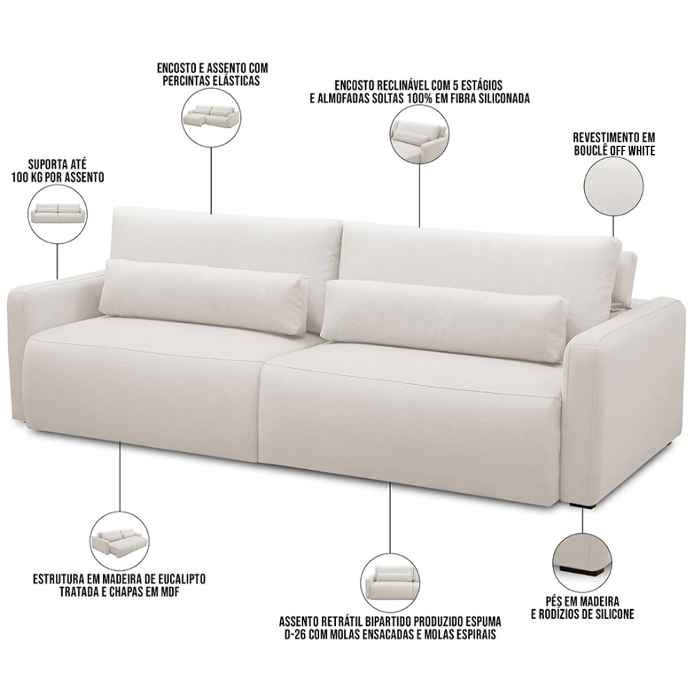 Sofá Retrátil Reclinável Para Sala de Estar Living 270cm Sevilha F04 Bouclê Off White - Lyam Decor