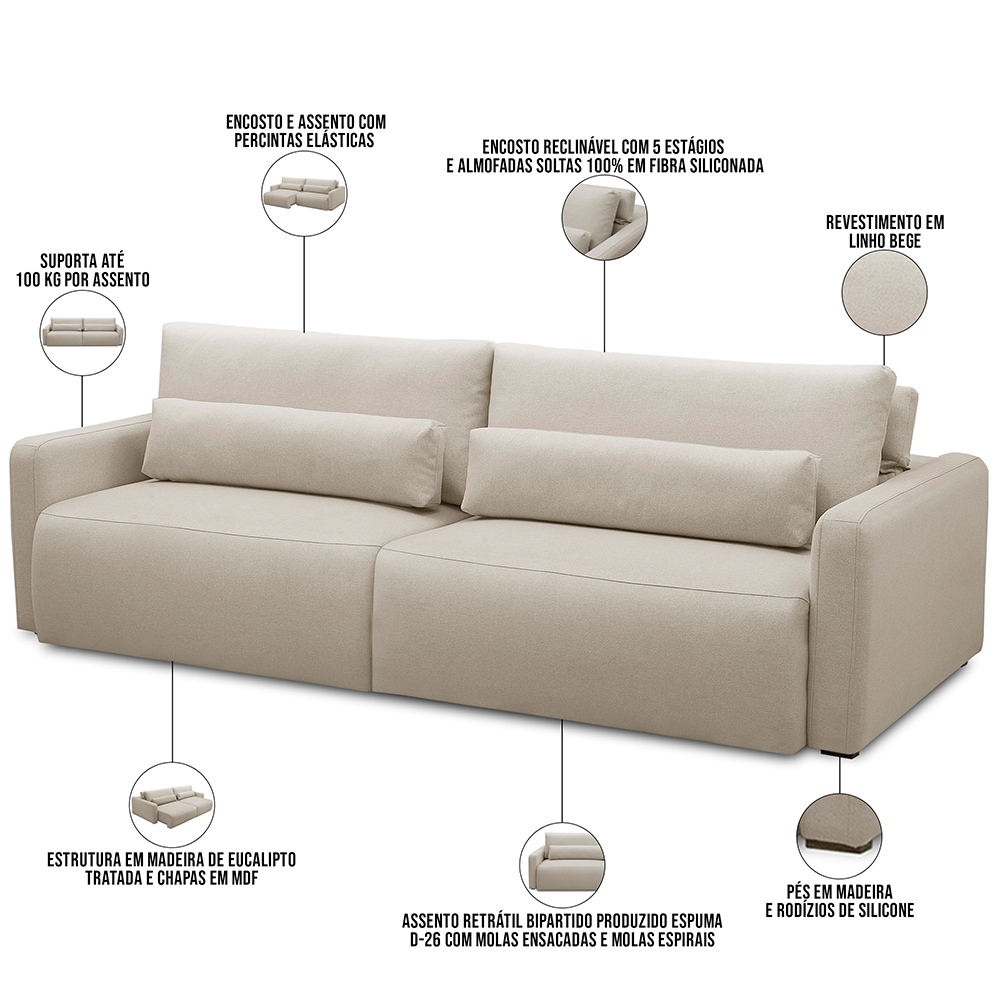 Sofá Retrátil Reclinável Para Sala de Estar Living 270cm Sevilha F04 Linho Bege - Lyam Decor