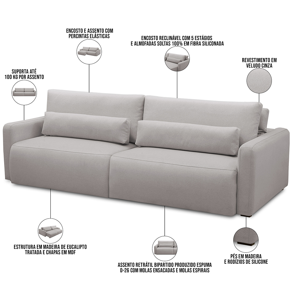 Sofá Retrátil Reclinável Para Sala de Estar Living 270cm Sevilha F04 Veludo Cinza - Lyam Decor