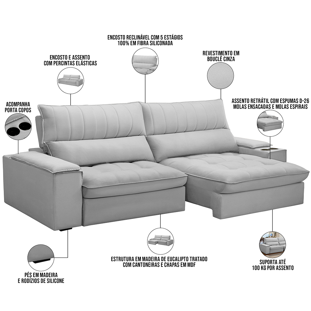 Sofá Retrátil Reclinável Para Sala de Estar Living 280cm Nápoles F04 Bouclê Cinza - Lyam Decor