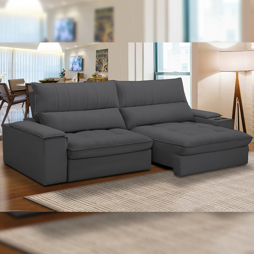 Sofá Retrátil Reclinável Para Sala de Estar Living 280cm Nápoles F04 Bouclê Grafite - Lyam Decor
