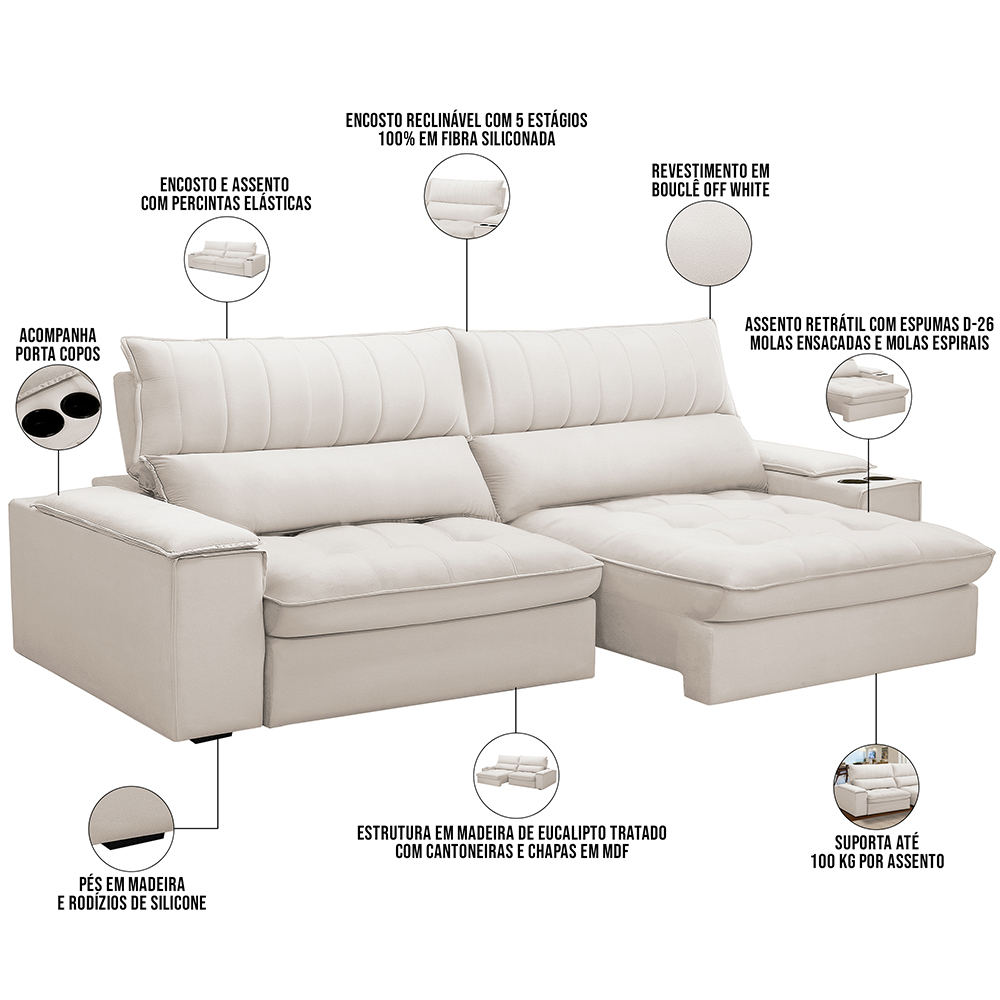 Sofá Retrátil Reclinável Para Sala de Estar Living 280cm Nápoles F04 Bouclê Off White - Lyam Decor
