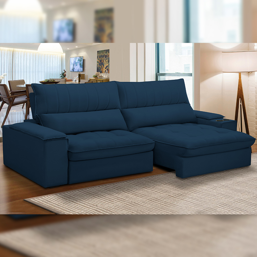 Sofá Retrátil Reclinável Para Sala de Estar Living 280cm Nápoles F04 Veludo Azul - Lyam Decor