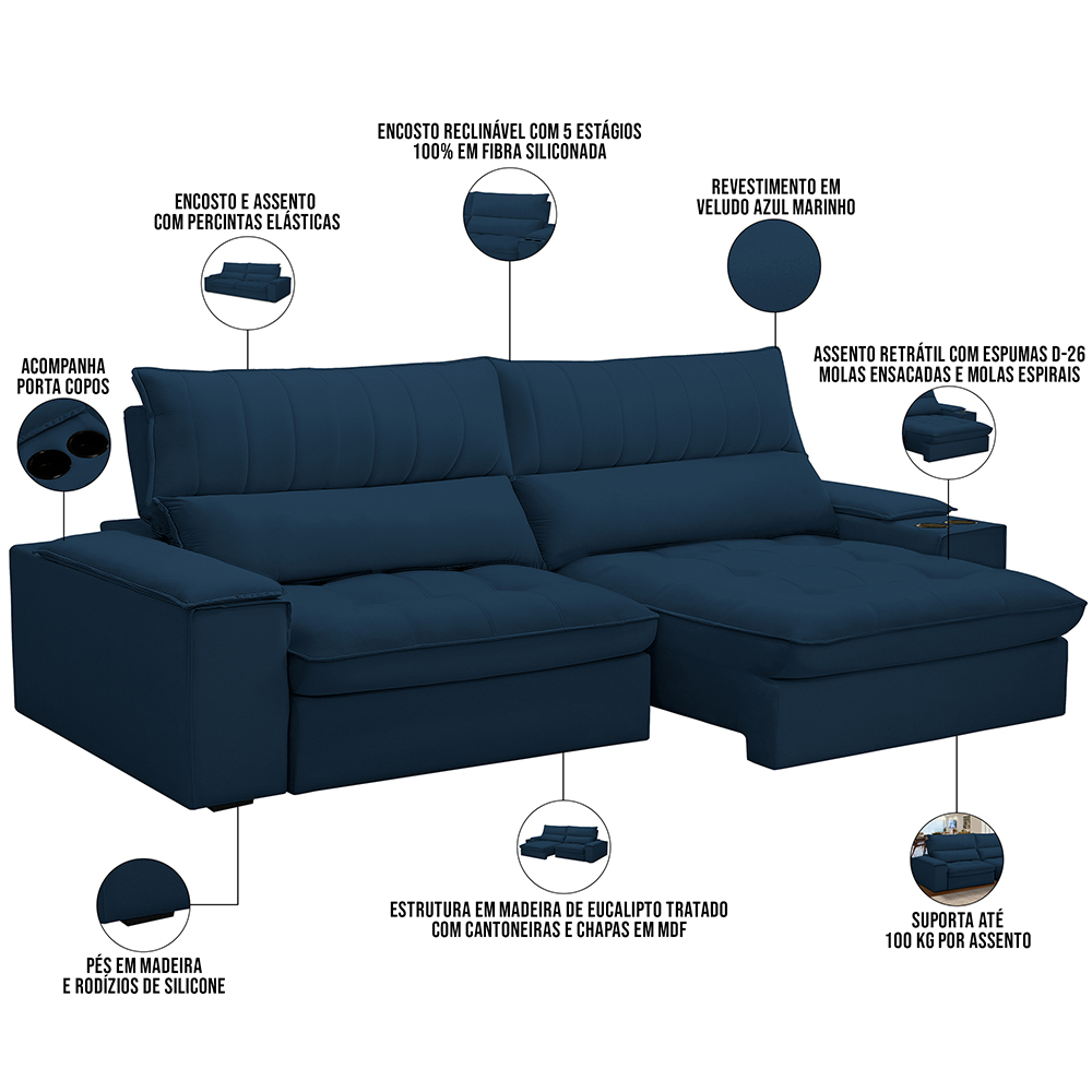 Sofá Retrátil Reclinável Para Sala de Estar Living 280cm Nápoles F04 Veludo Azul - Lyam Decor