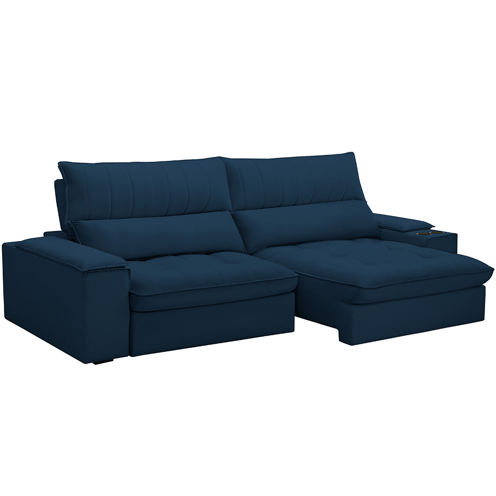 Sofá Retrátil Reclinável Para Sala de Estar Living 280cm Nápoles F04 Veludo Azul - Lyam Decor