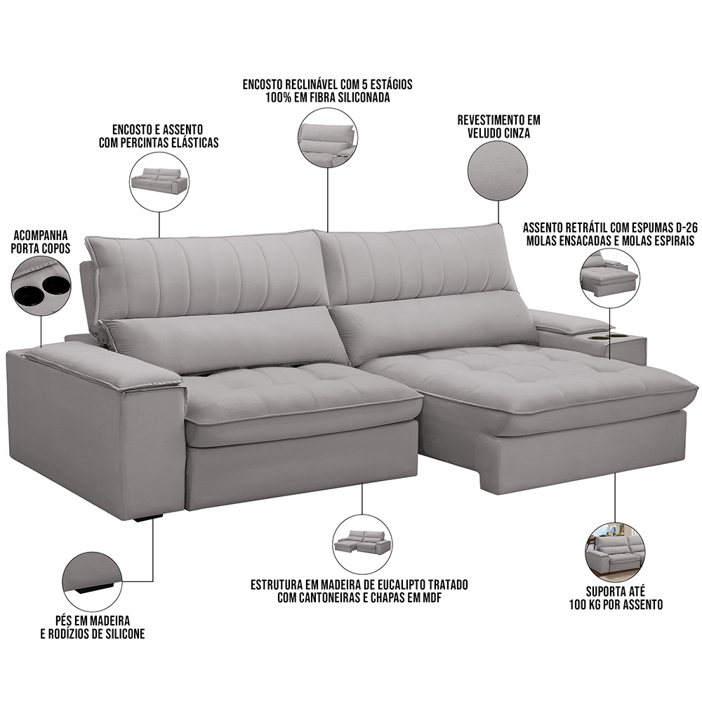 Sofá Retrátil Reclinável Para Sala de Estar Living 280cm Nápoles F04 Veludo Cinza - Lyam Decor