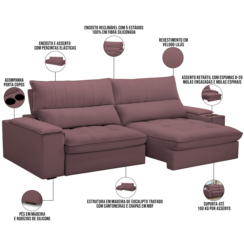 Sofá Retrátil Reclinável Para Sala de Estar Living 280cm Nápoles F04 Veludo Lilás - Lyam Decor