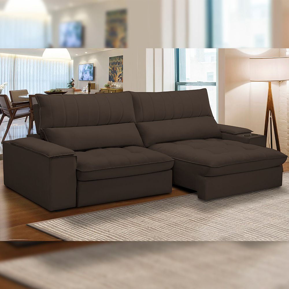 Sofá Retrátil Reclinável Para Sala de Estar Living 280cm Nápoles F04 Veludo Marrom - Lyam Decor