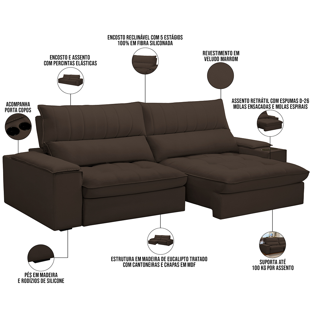 Sofá Retrátil Reclinável Para Sala de Estar Living 280cm Nápoles F04 Veludo Marrom - Lyam Decor