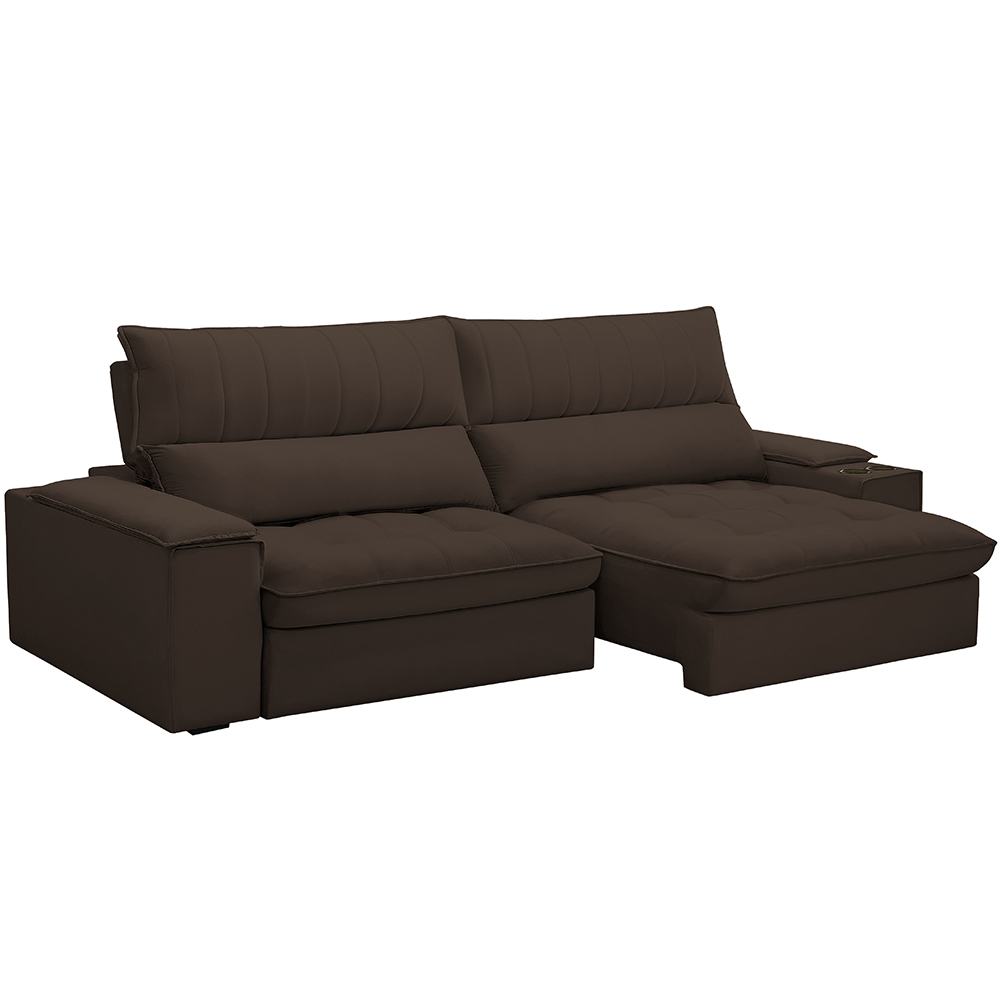 Sofá Retrátil Reclinável Para Sala de Estar Living 280cm Nápoles F04 Veludo Marrom - Lyam Decor