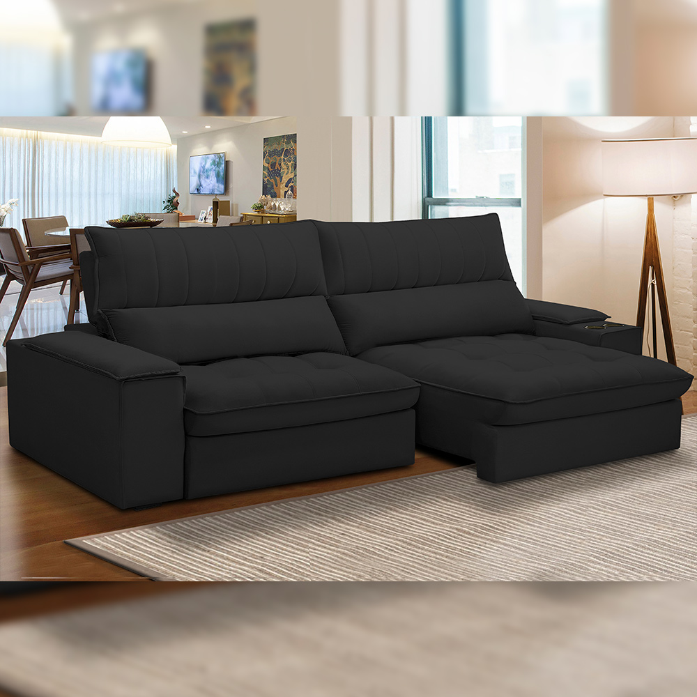 Sofá Retrátil Reclinável Para Sala de Estar Living 280cm Nápoles F04 Veludo Preto - Lyam Decor
