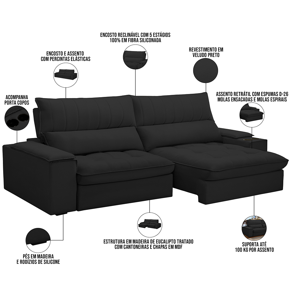 Sofá Retrátil Reclinável Para Sala de Estar Living 280cm Nápoles F04 Veludo Preto - Lyam Decor