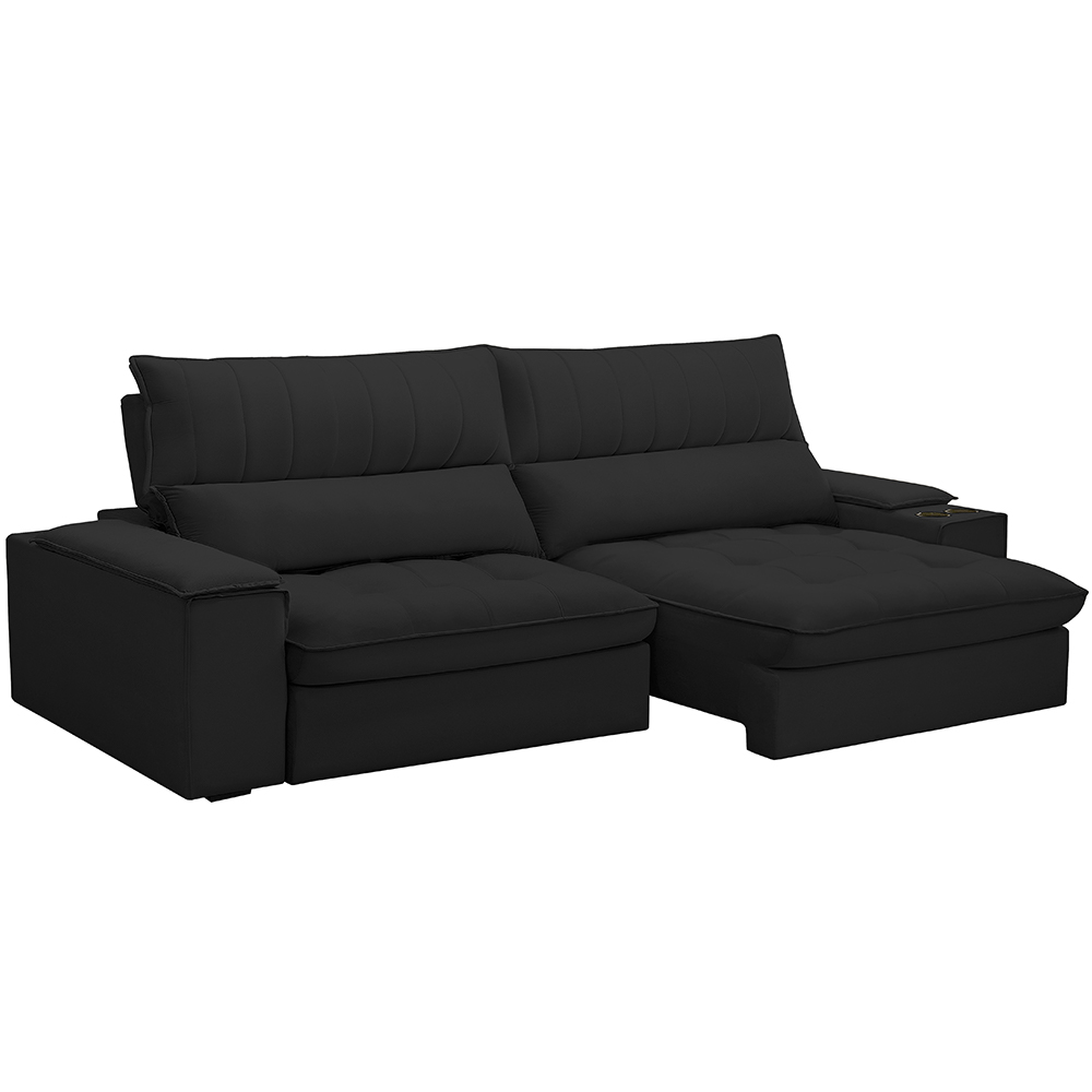 Sofá Retrátil Reclinável Para Sala de Estar Living 280cm Nápoles F04 Veludo Preto - Lyam Decor