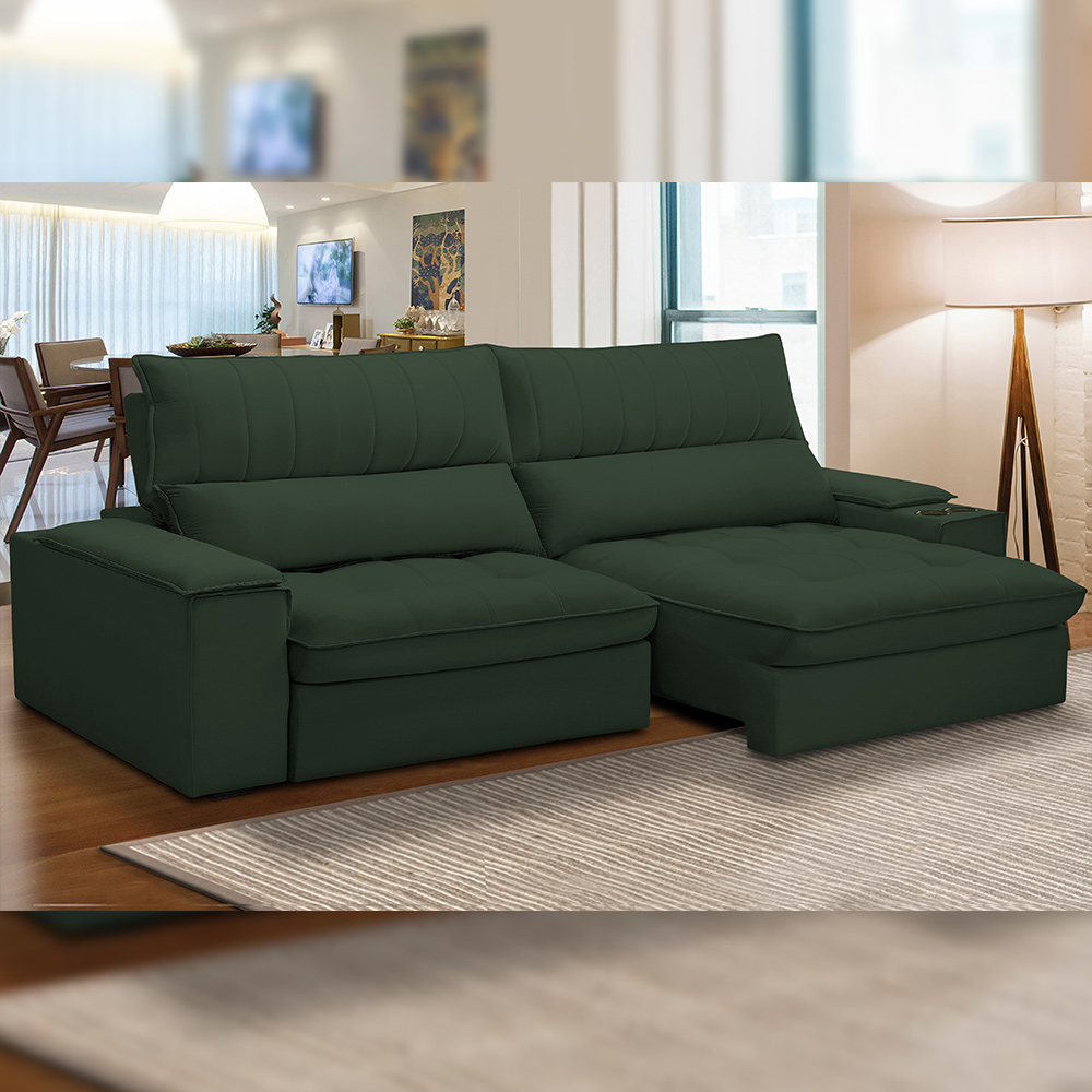 Sofá Retrátil Reclinável Para Sala de Estar Living 280cm Nápoles F04 Veludo Verde - Lyam Decor