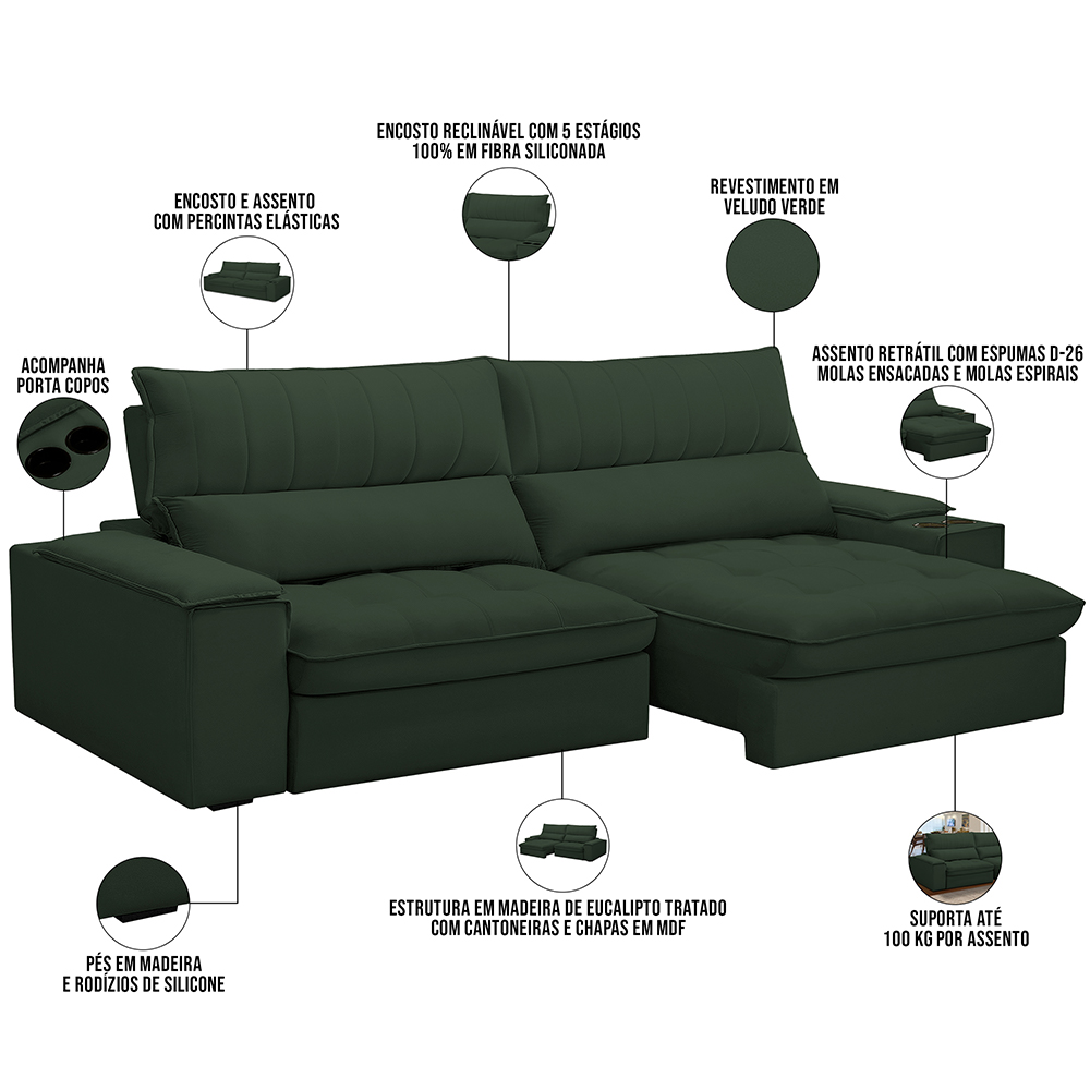 Sofá Retrátil Reclinável Para Sala de Estar Living 280cm Nápoles F04 Veludo Verde - Lyam Decor