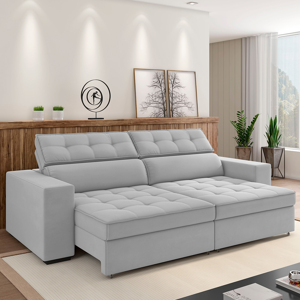 Sofá Retrátil Reclinável Para Sala de Estar Living 290cm Clara M03 Veludo Cinza - Lyam Decor