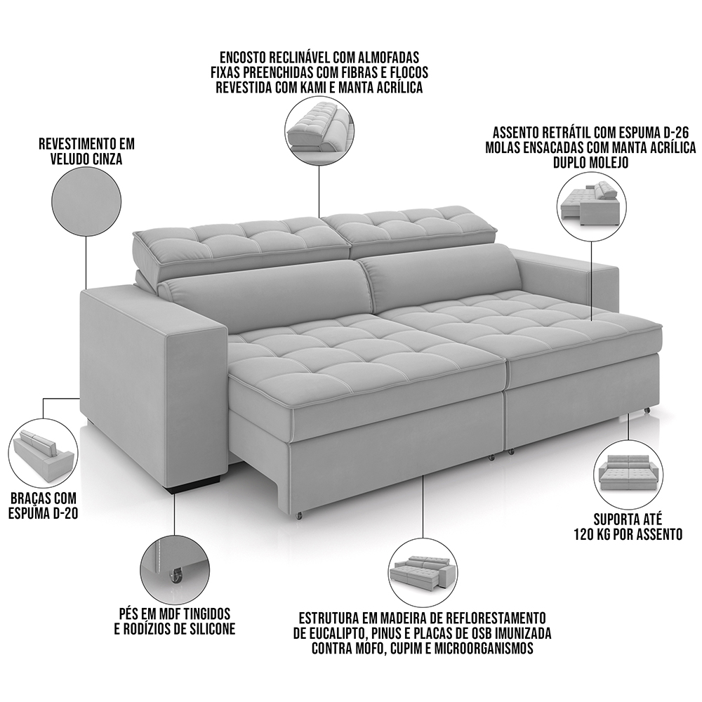 Sofá Retrátil Reclinável Para Sala de Estar Living 290cm Clara M03 Veludo Cinza - Lyam Decor