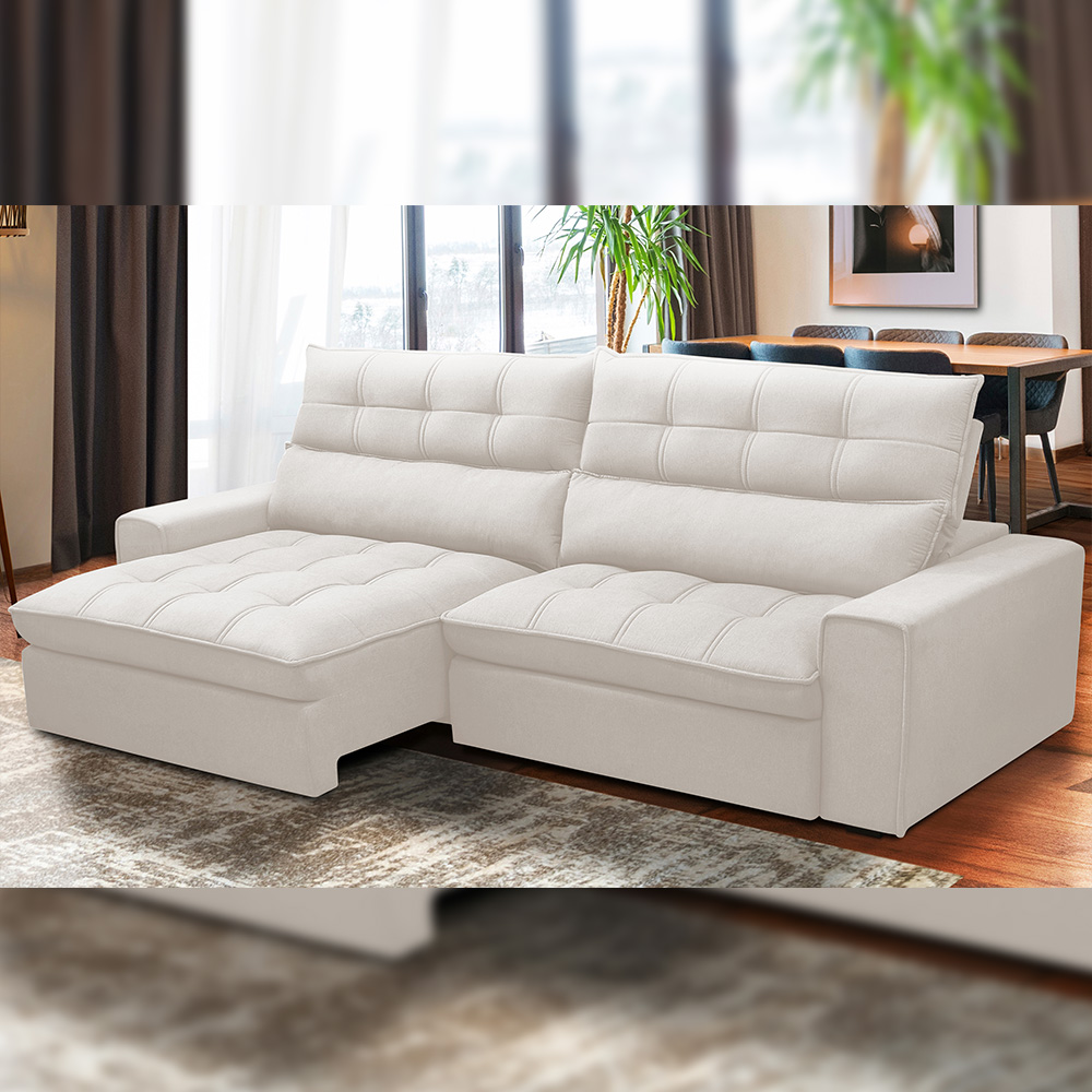 Sofá Retrátil Reclinável Para Sala de Estar Living 290cm Dimas F04 Bouclê Off White - Lyam Decor