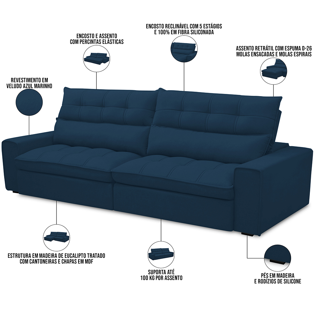 Sofá Retrátil Reclinável Para Sala de Estar Living 290cm Dimas F04 Veludo Azul - Lyam Decor