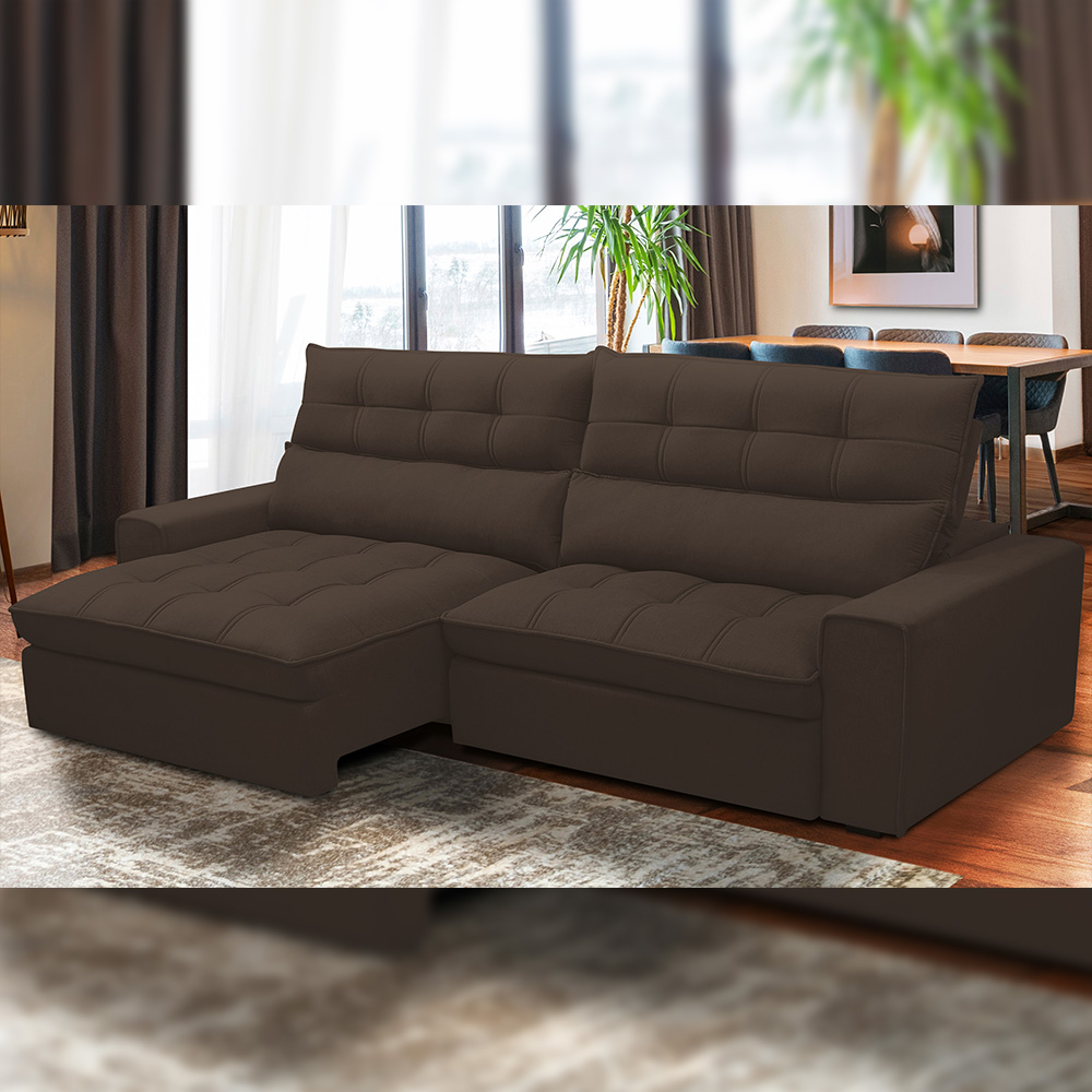 Sofá Retrátil Reclinável Para Sala de Estar Living 290cm Dimas F04 Veludo Marrom - Lyam Decor