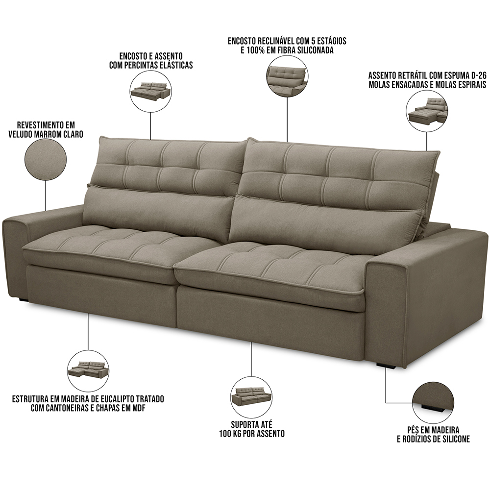 Sofá Retrátil Reclinável Para Sala de Estar Living 290cm Dimas F04 Veludo Marrom Claro - Lyam Decor