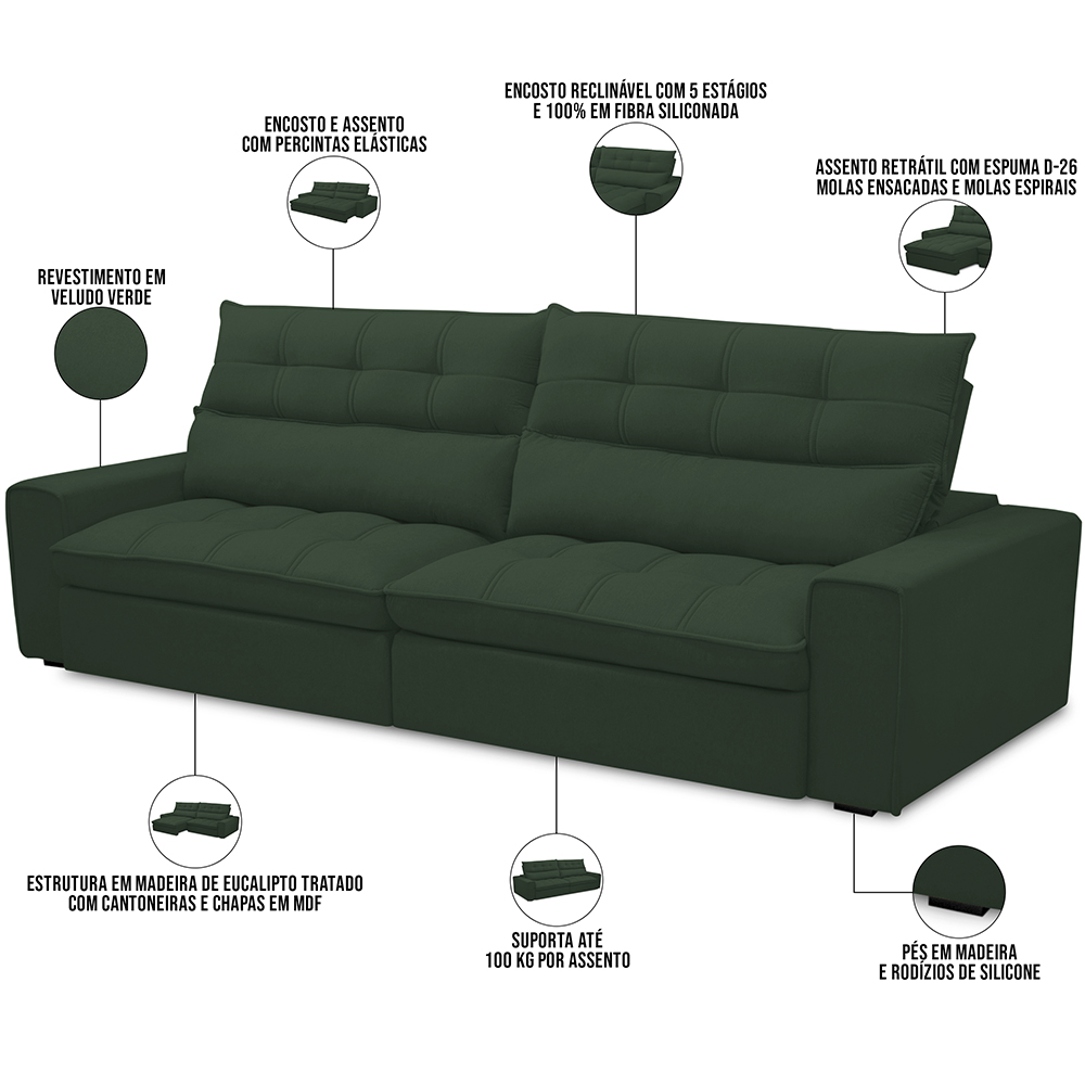 Sofá Retrátil Reclinável Para Sala de Estar Living 290cm Dimas F04 Veludo Verde - Lyam Decor