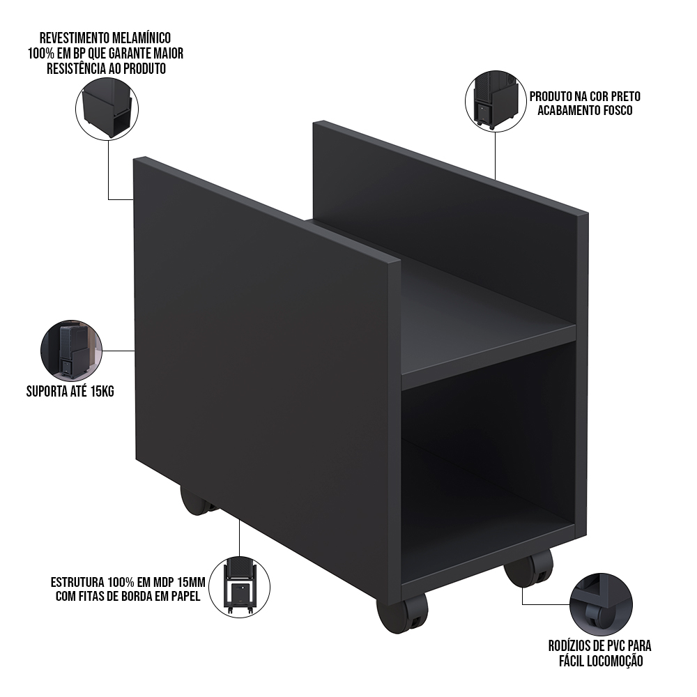 Suporte Para Cpu E Nobreak Com Rodízios Guide L03 Preto - Lyam Decor