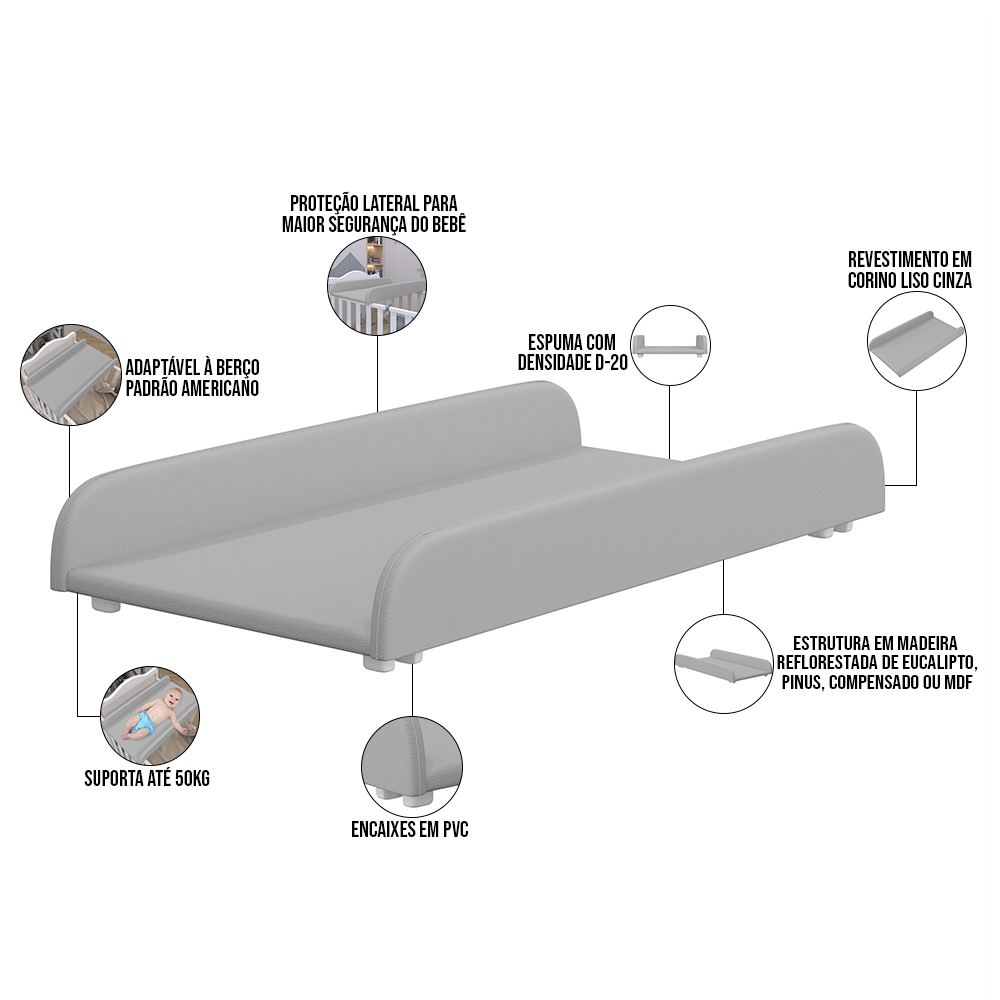 Trocador De Fraldas Almofadado Para Berço P02 Cinza - Lyam Decor