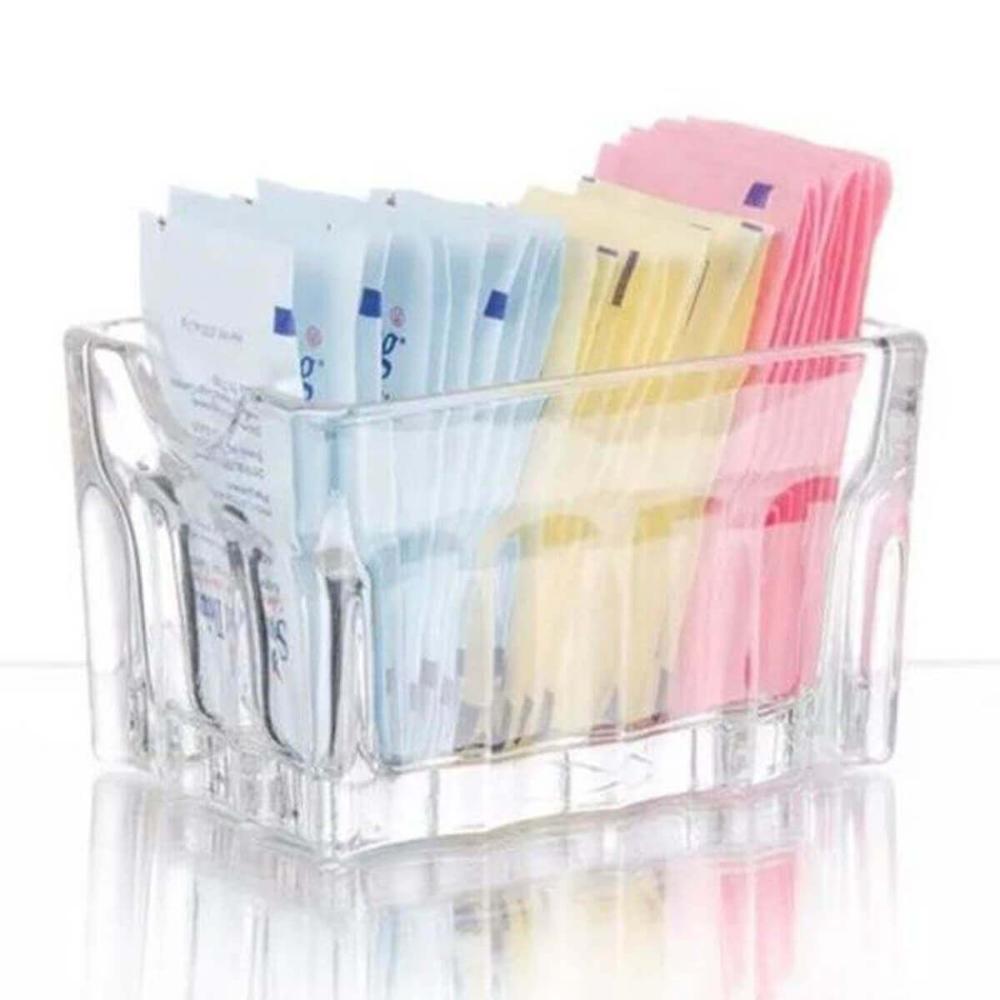 12 Porta Sachês Vidro Faces Lyor 8x5,5cm Suporte Chá Açúcar Sal Mesa Transparente