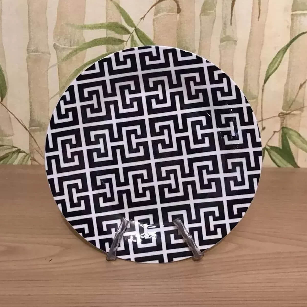 12 Pratos Sobremesa Raso Porcelana 19,5cm Egypt Lyor Decorado Preto e Branco