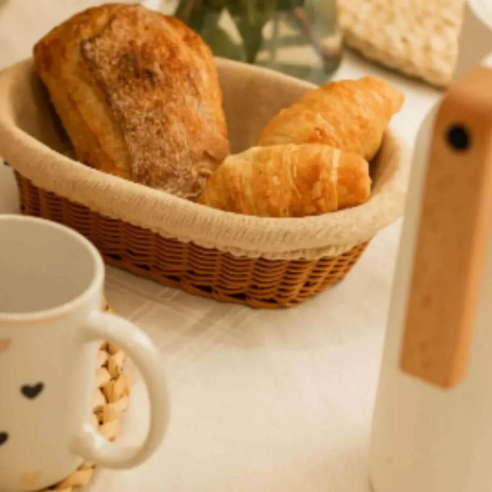 2 Cestos Porta Pão Folhados Plástico Rattan Tecido Lyor 24,5