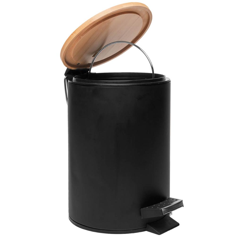 2 Lixeiras Redondas de Metal com Pedal 5L Tampa de Bambu Lyor Preta e Branca Balde Banheiro