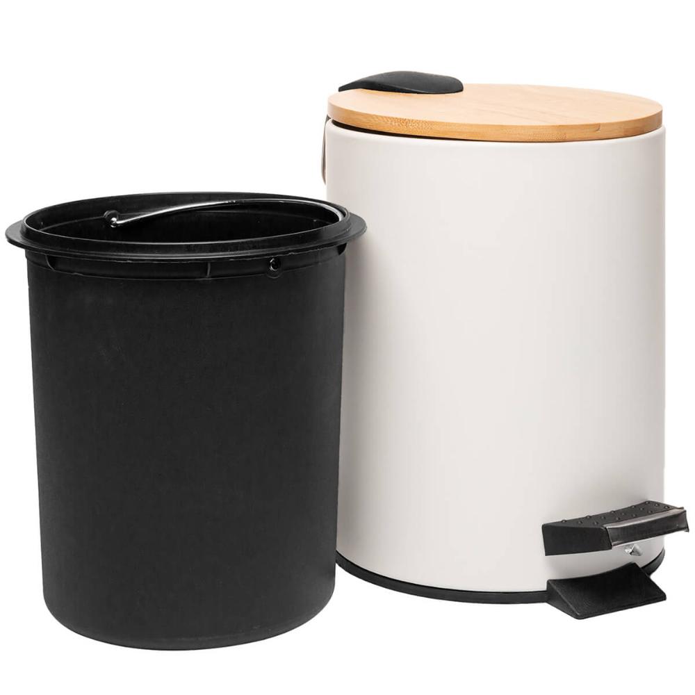 2 Lixeiras Redondas de Metal com Pedal 5L Tampa de Bambu Lyor Preta e Branca Balde Banheiro