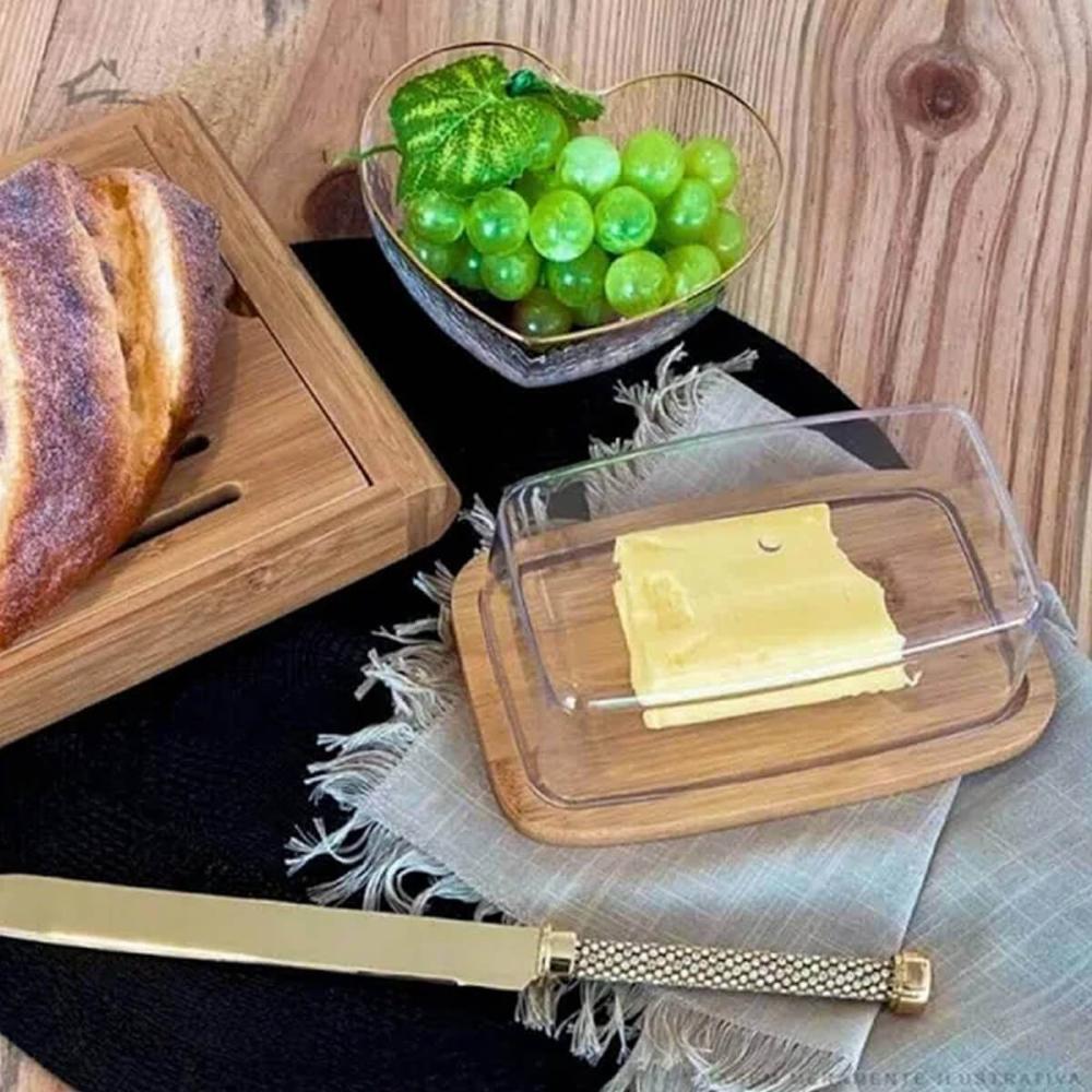 3 Manteigueiras de Bambu com Tampa Plástica Lyor 19x12,5x6cm Queijeira Mesa Posta