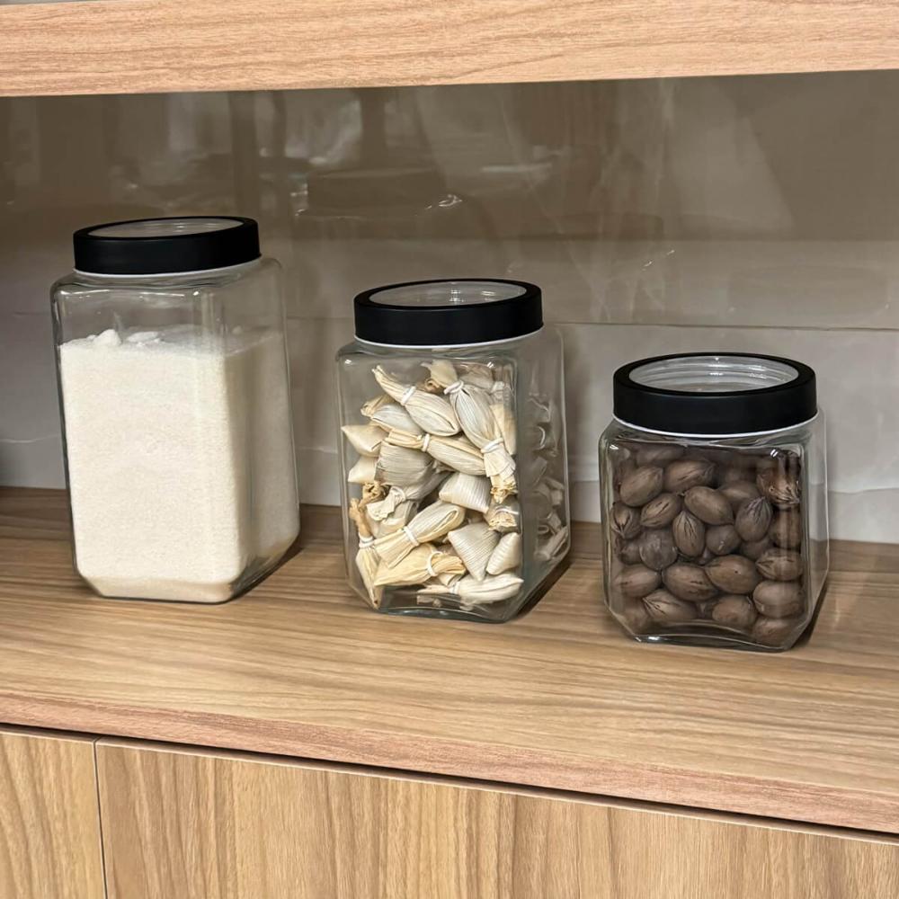 3 Potes de Vidro Tampa Metal Preto 2,2L 1,7L 1,2L Gastro Lyo
