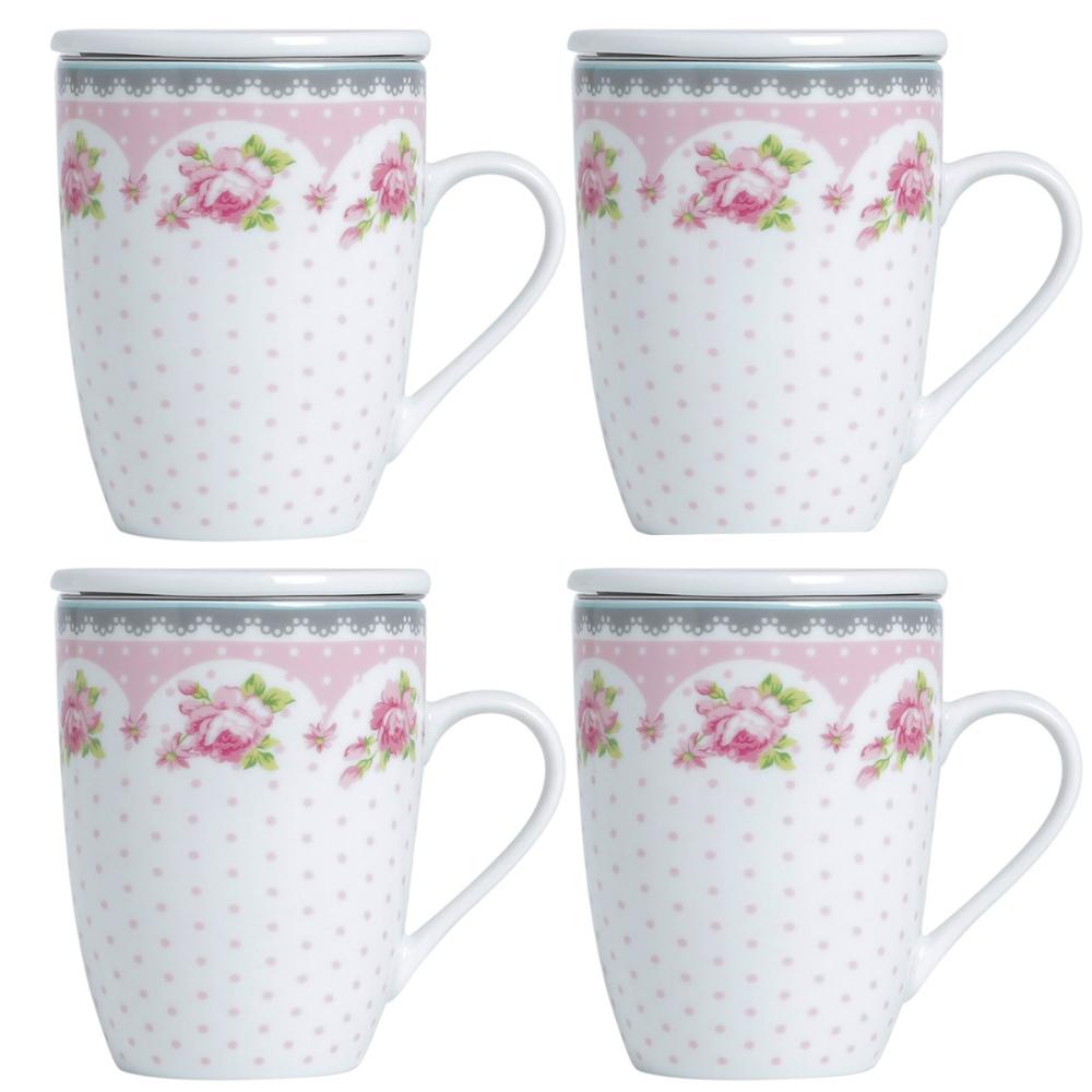 4 Canecas de Porcelana para Chá 310ml com Tampa e Filtro Ino