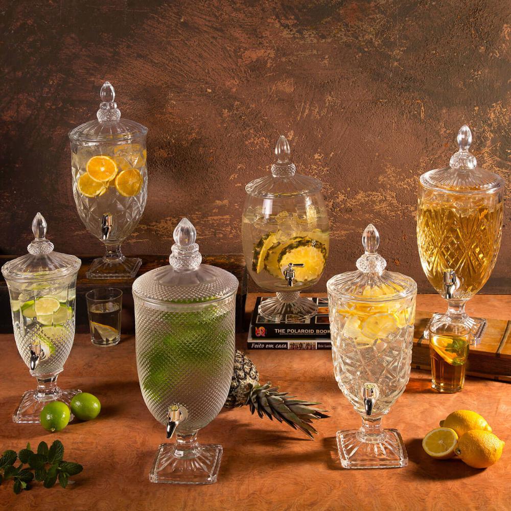 4 Suqueiras Cristal 5L com Pé Diamond Lyor Torneira Bar Restaurante Incolor