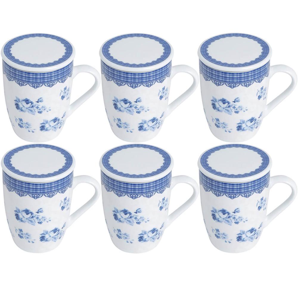 6 Xícaras de Chá Porcelana 310ml com Tampa Infusor Lyor Canecas Super White Grécia