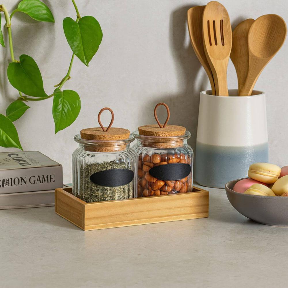Conjunto 2 Porta Temperos Vidro 260ml Bandeja Madeira Lyor Pote para Grãos Condimentos