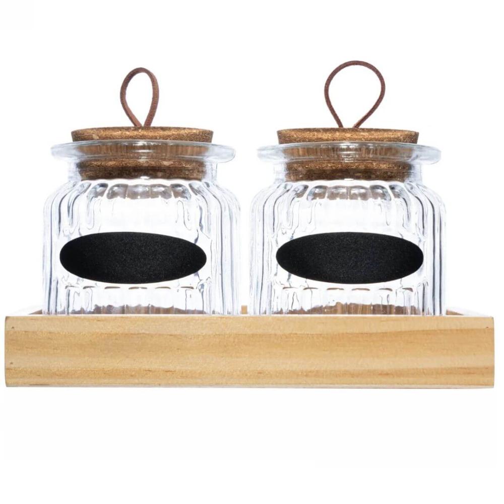 Conjunto 2 Porta Temperos Vidro 260ml Bandeja Madeira Lyor Pote para Grãos Condimentos