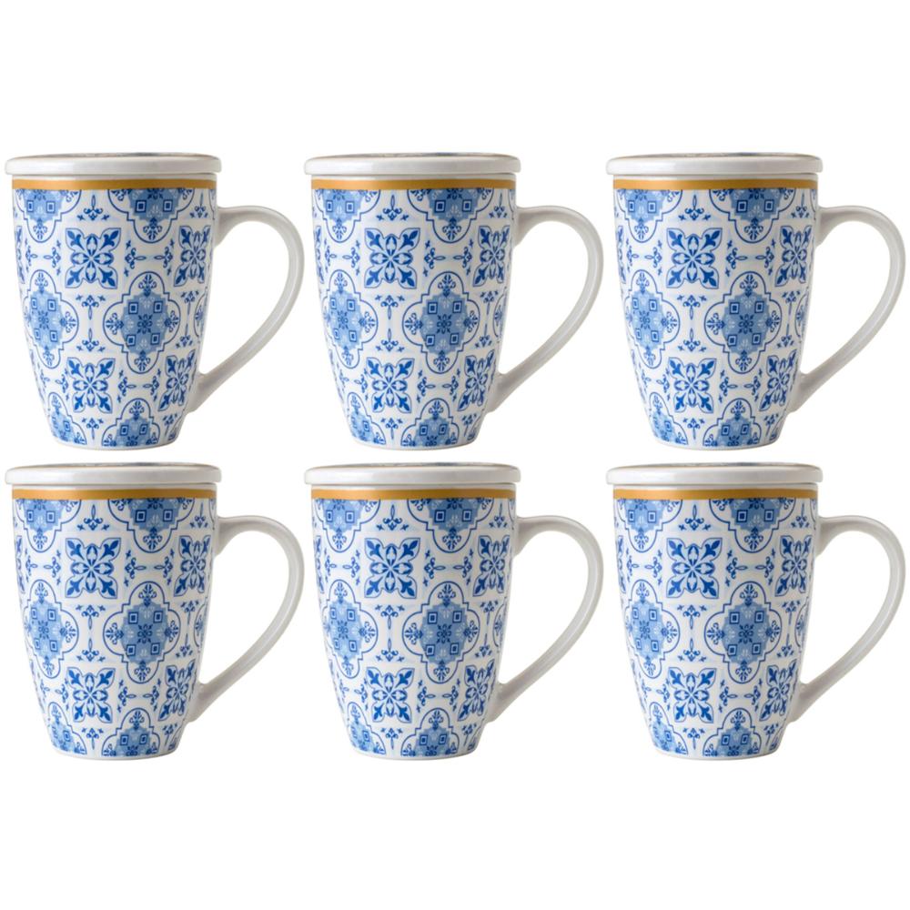 Conjunto 6 Canecas de Porcelana para Chá 310ml com Tampa e F