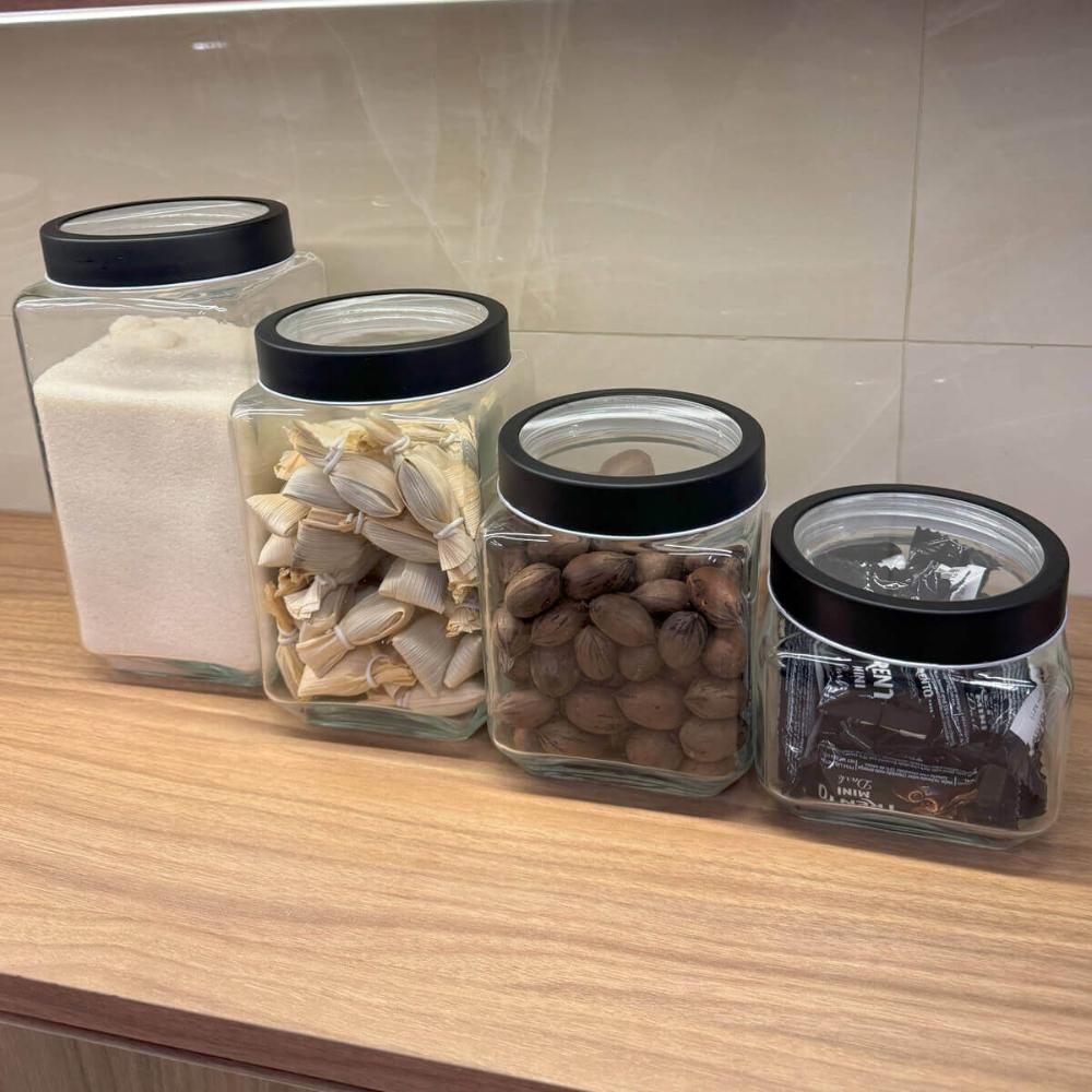 Conjunto 6 Potes de Vidro para Mantimentos 1,7L Gastro Lyor com Tampa de Metal Preta Porta Alimentos Retangular