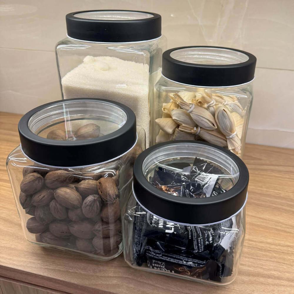 Conjunto 6 Potes de Vidro para Mantimentos 1,7L Gastro Lyor com Tampa de Metal Preta Porta Alimentos Retangular