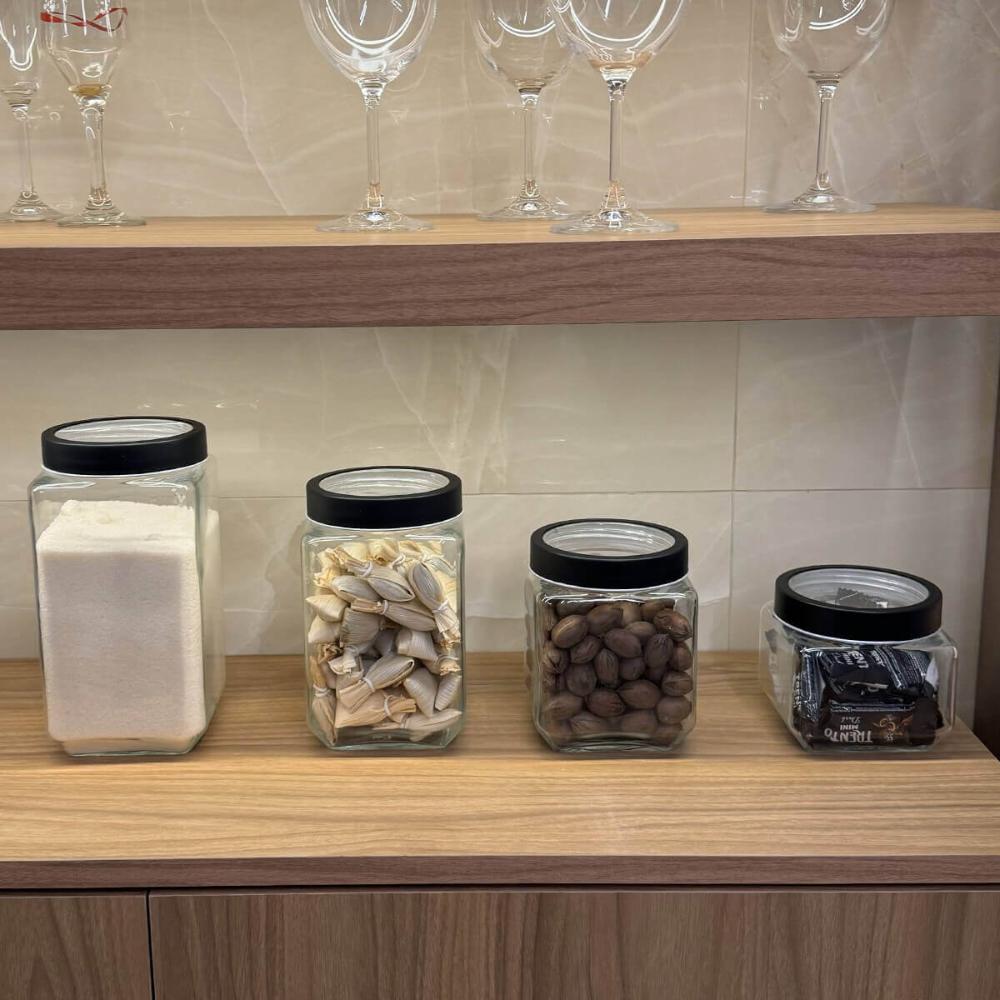 Conjunto 6 Potes de Vidro para Mantimentos 1,7L Gastro Lyor com Tampa de Metal Preta Porta Alimentos Retangular