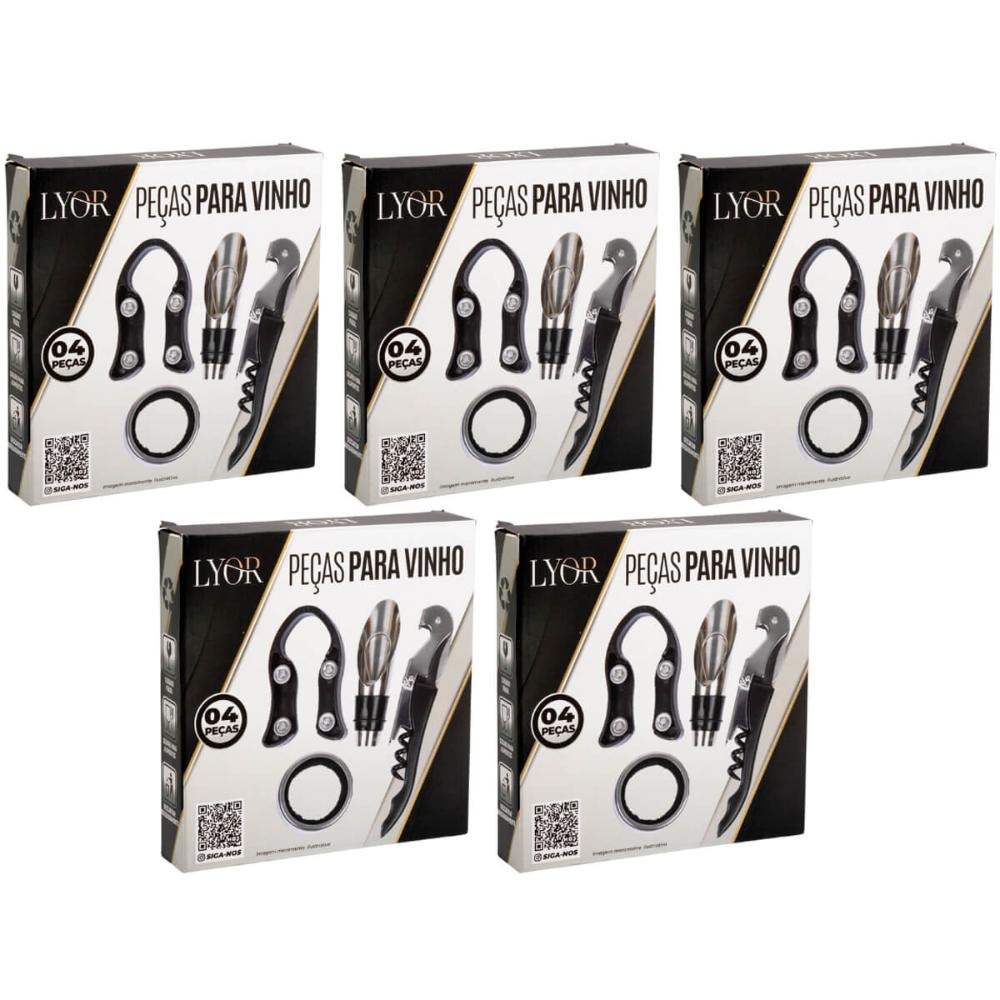 Conjunto de 5 Kits de Acessórios para Vinho 4 Peças Lyor em Aço Inox Preto Profissional Saca Rolhas Bico Dosador