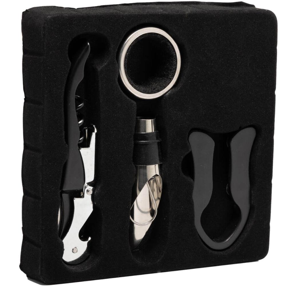Conjunto de 5 Kits de Acessórios para Vinho 4 Peças Lyor em Aço Inox Preto Profissional Saca Rolhas Bico Dosador