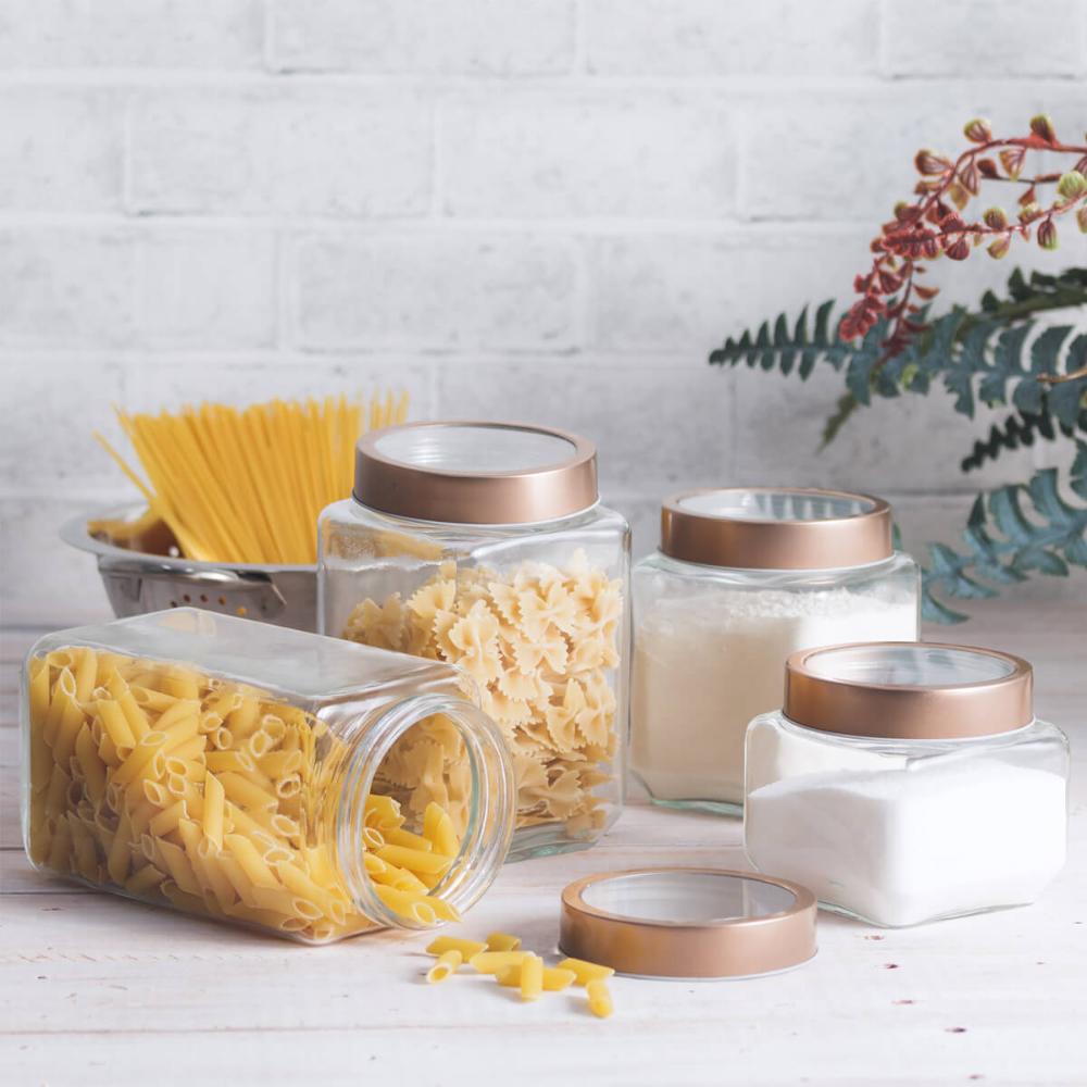 Conjunto de Potes de Vidro Lyor Gastro 800ml 4 Porta Mantimento com Tampa Metal Rose Gold